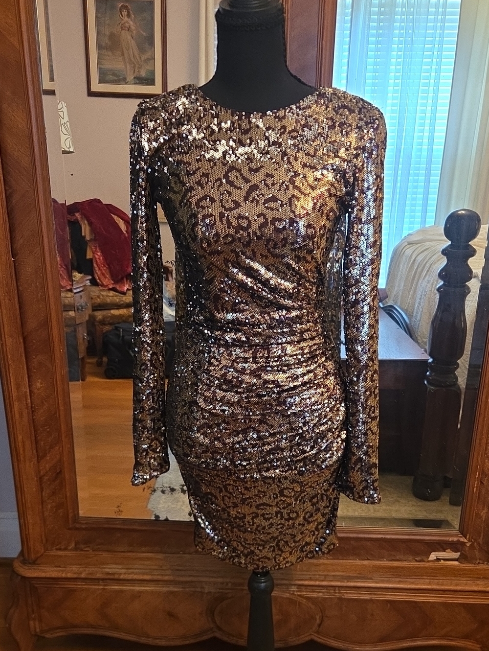 Dress the Population Bronze Sequin Animal Print Long Sleeve Bodycon Dress